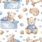 Pattern featuring teddy bears, hearts, mushrooms, and dots in shades of blue and brown on a white background.