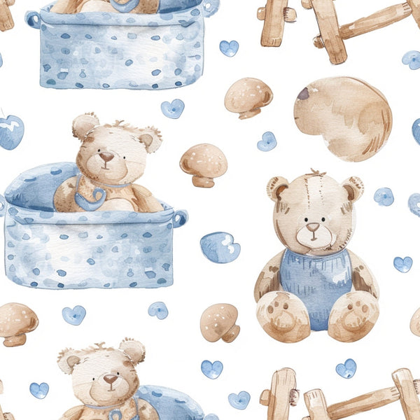 Pattern featuring teddy bears, hearts, mushrooms, and dots in shades of blue and brown on a white background.