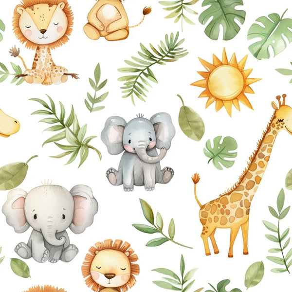 Cute cartoon animals and tropical leaves pattern with lions, elephants, giraffe, and a sun on a white background.
