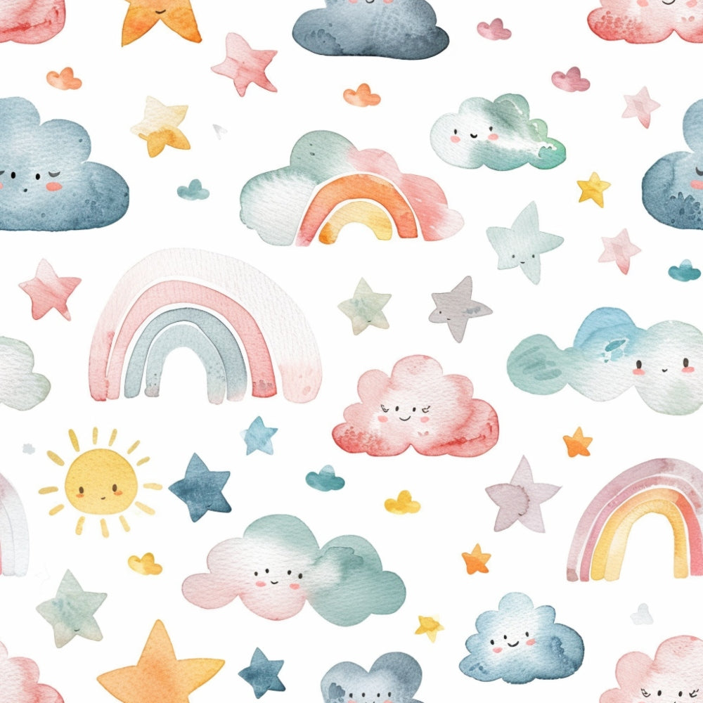 Illustration of smiling clouds, stars, suns, and rainbows in pastel colors on a white background.