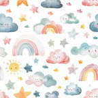 Illustration of smiling clouds, stars, suns, and rainbows in pastel colors on a white background.