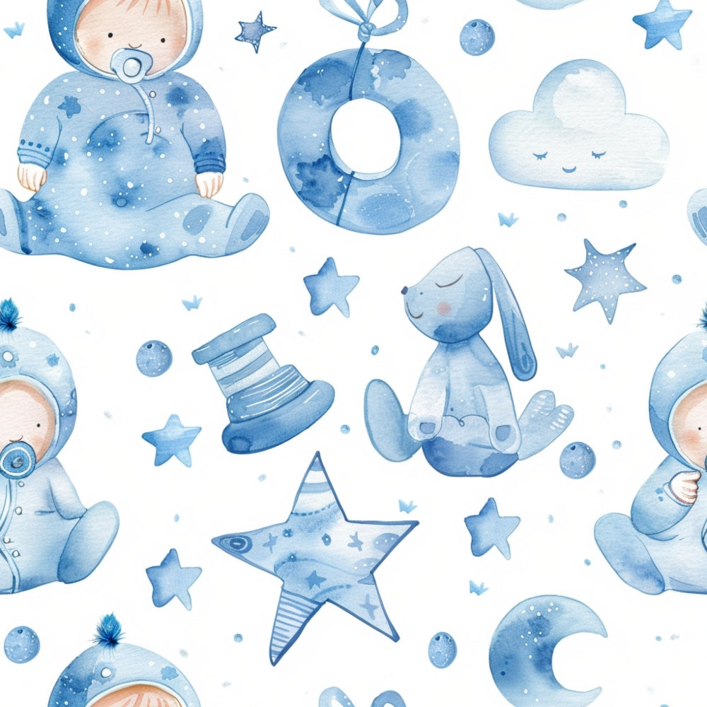 Seamless pattern featuring blue baby-themed illustrations, including toys, stars, clouds, and babies in pajamas on a white background.