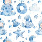 Seamless pattern featuring blue baby-themed illustrations, including toys, stars, clouds, and babies in pajamas on a white background.