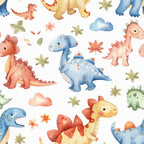 Pattern of colorful cartoon dinosaurs, flowers, and clouds on a white background.