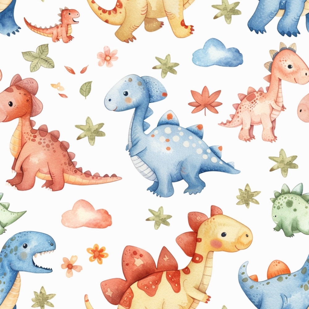 Pattern of colorful cartoon dinosaurs, flowers, and clouds on a white background.