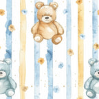 Pattern of brown and blue teddy bears with blue and orange vertical stripes and small flowers on a white background.