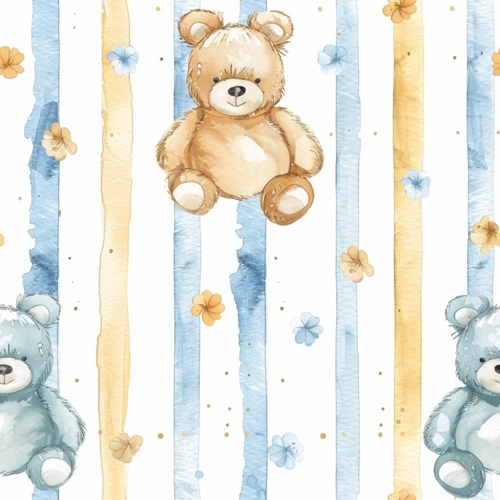 Pattern of brown and blue teddy bears with blue and orange vertical stripes and small flowers on a white background.