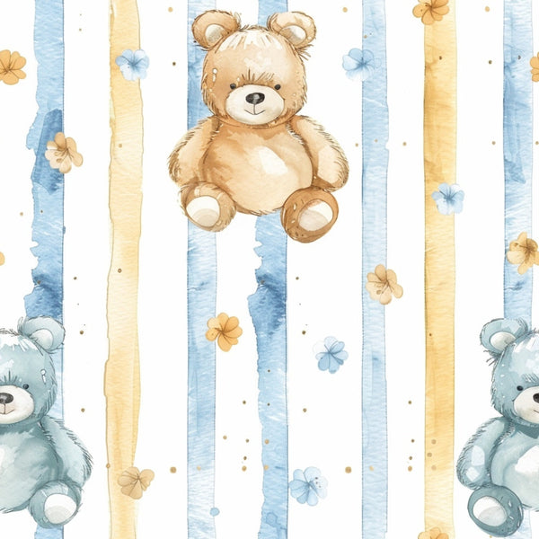 Pattern of brown and blue teddy bears with blue and orange vertical stripes and small flowers on a white background.
