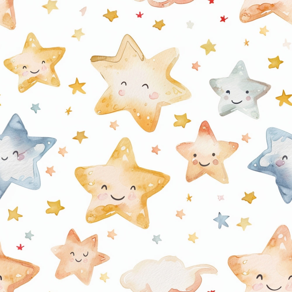 Cute, smiling watercolor stars in various colors scattered across a white background.