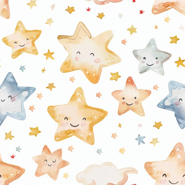 Cute, smiling watercolor stars in various colors scattered across a white background.