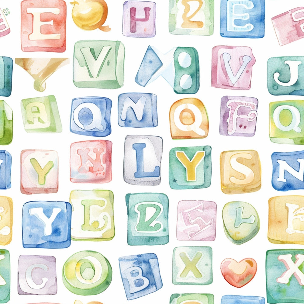 Colorful watercolor alphabet blocks arranged randomly, each displaying a letter. The blocks are various shapes and colors, with some letters repeated.