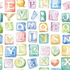 Colorful watercolor alphabet blocks arranged randomly, each displaying a letter. The blocks are various shapes and colors, with some letters repeated.