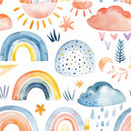 A watercolor pattern featuring rainbows, clouds, stars, hearts, and sun motifs in pastel colors on a white background.