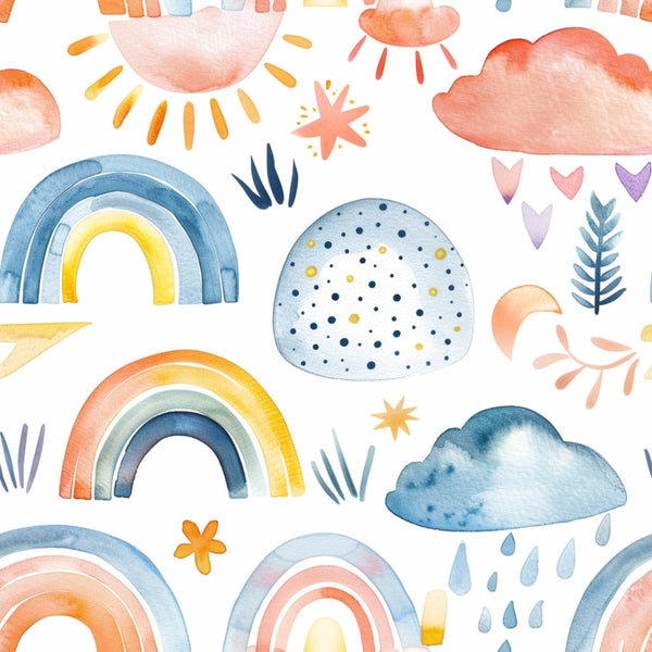 A watercolor pattern featuring rainbows, clouds, stars, hearts, and sun motifs in pastel colors on a white background.