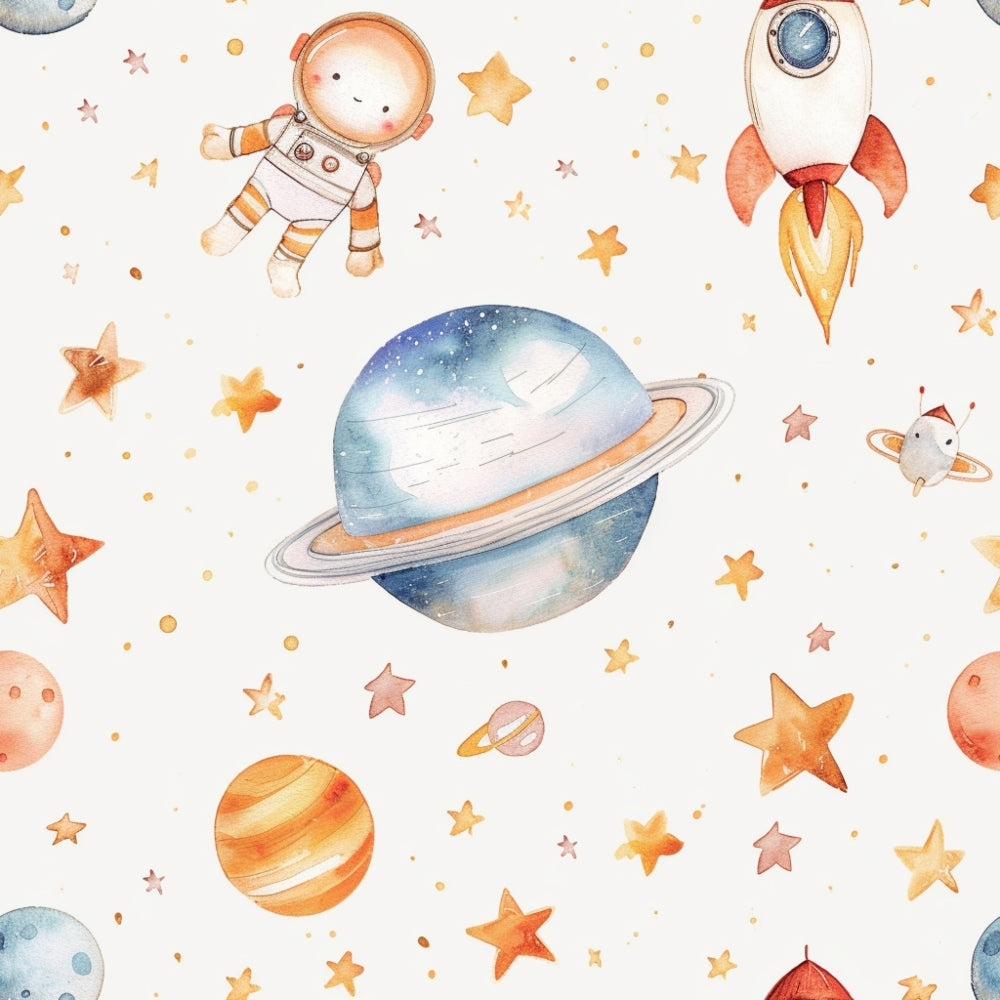 Whimsical space-themed pattern with planets, stars, a rocket, and an astronaut on a light background.