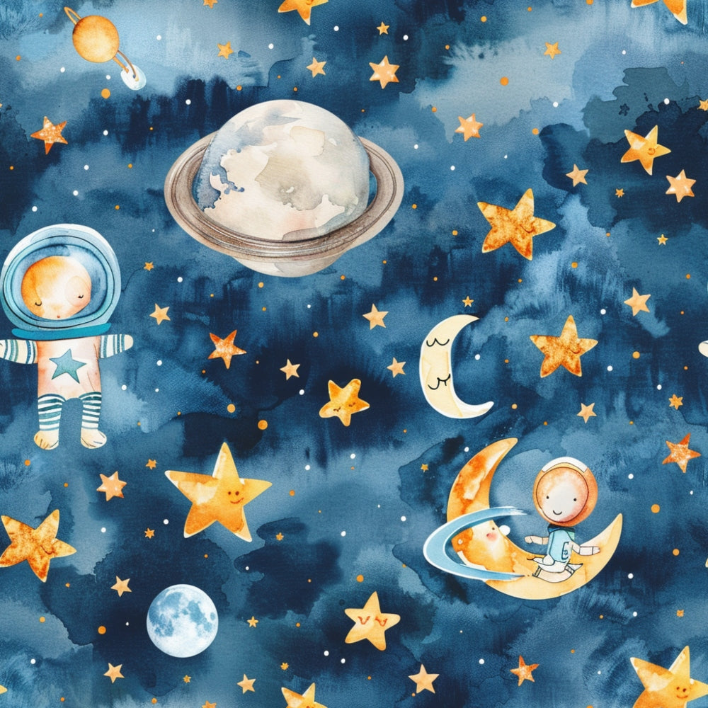 Whimsical space-themed illustration with astronauts, stars, a planet with rings, a moon, and a rocket on a blue starry background.