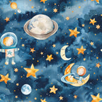 Whimsical space-themed illustration with astronauts, stars, a planet with rings, a moon, and a rocket on a blue starry background.