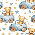 Pattern of teddy bears in blue cars with stars scattered around.