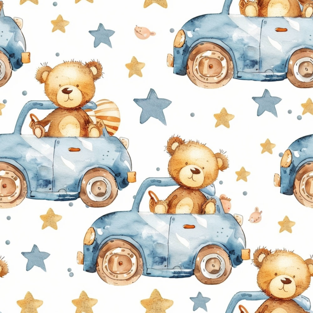 Pattern of teddy bears in blue cars with stars scattered around.