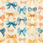 Pattern of various blue, orange, and peach bows on a light background.