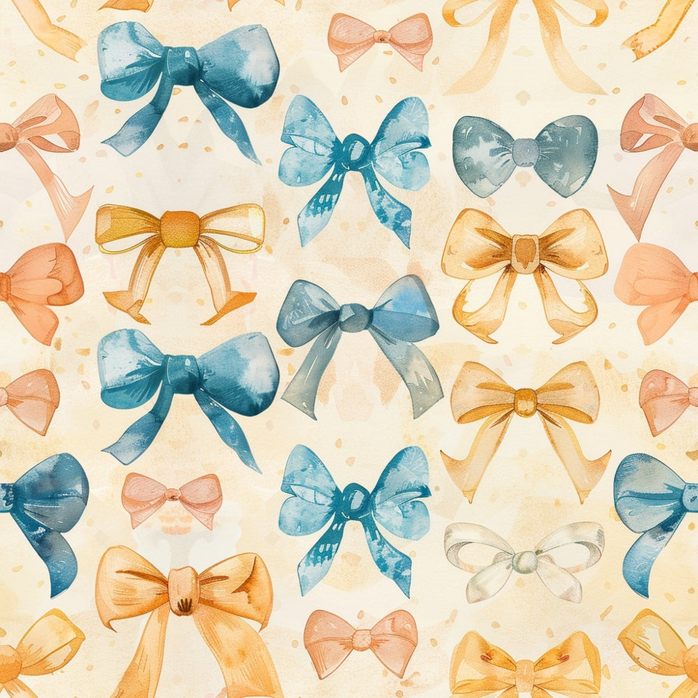 Pattern of various blue, orange, and peach bows on a light background.