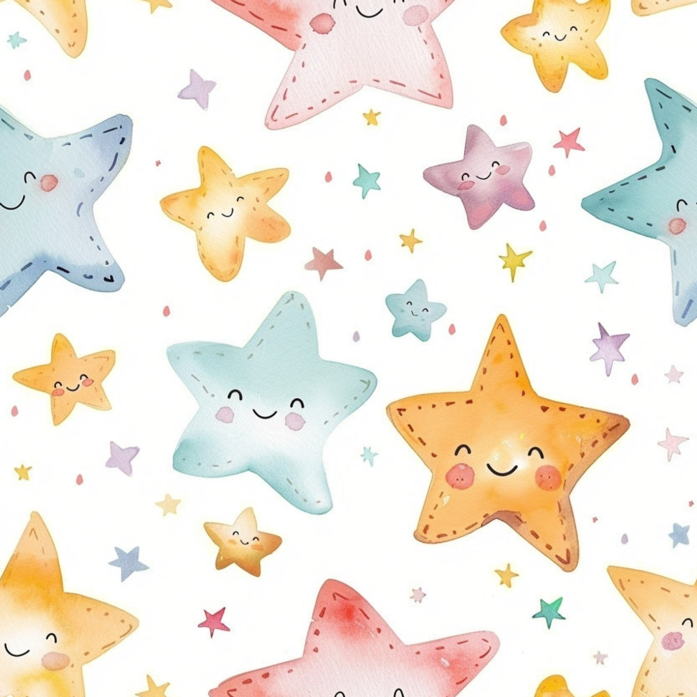 Colorful, smiling star illustrations with various facial expressions on a white background. Stars are in shades of blue, pink, yellow, and orange, with small stars scattered around.