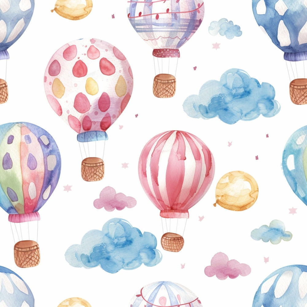Pattern of watercolor hot air balloons and clouds on a white background. Balloons have diverse colors and designs.