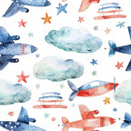 Watercolor pattern of blue and red airplanes, clouds, and stars on a white background.