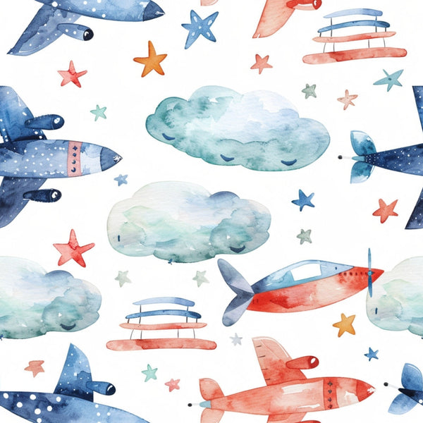Watercolor pattern of blue and red airplanes, clouds, and stars on a white background.