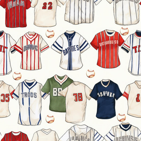 Various vintage baseball jerseys and baseballs arranged on a light background.