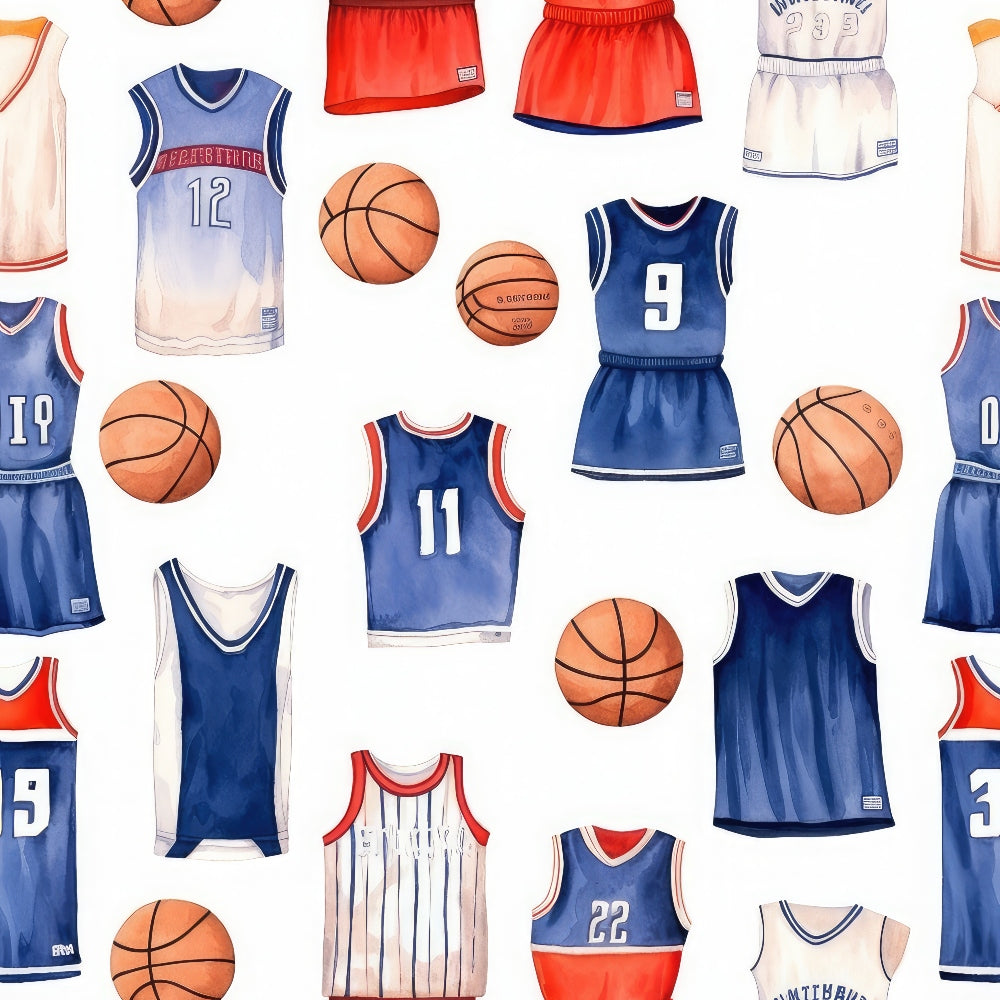 Pattern of basketball jerseys and basketballs on a white background, featuring various numbers and colors like blue, red, and white.