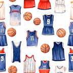 Pattern of basketball jerseys and basketballs on a white background, featuring various numbers and colors like blue, red, and white.
