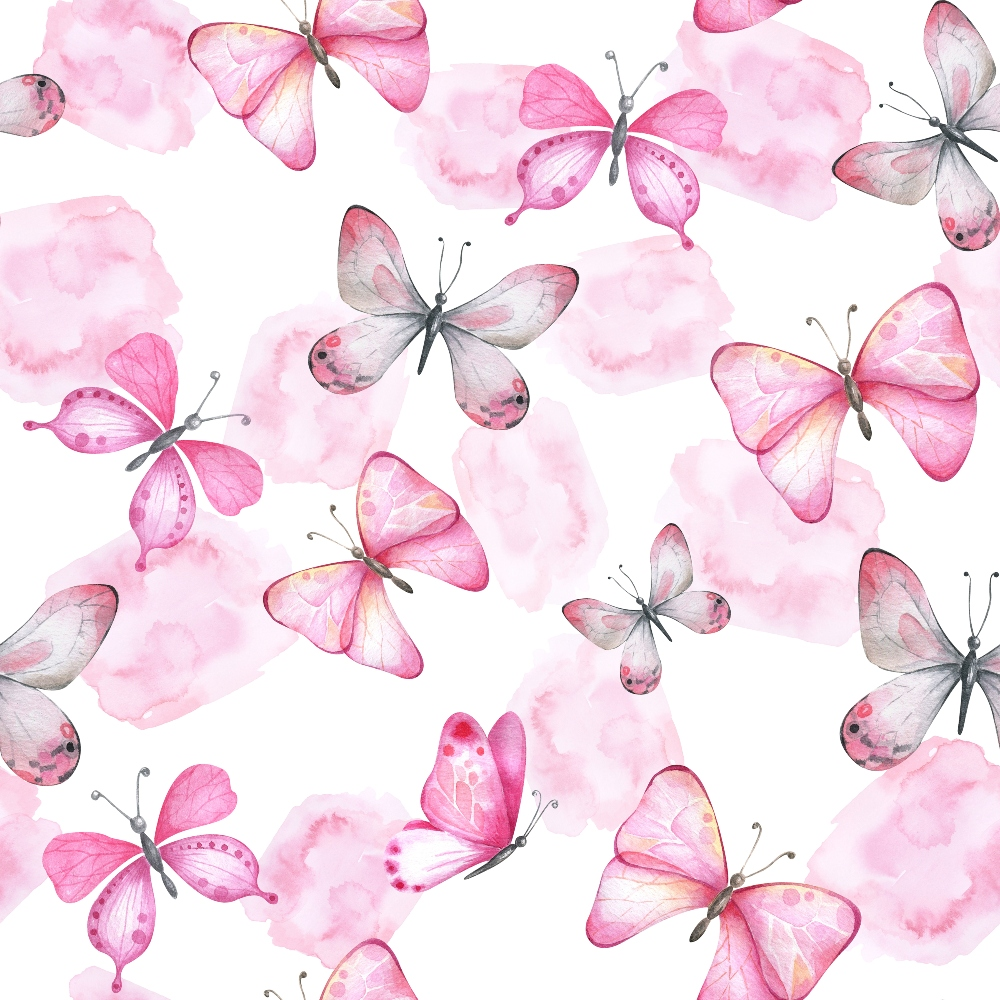 Illustration of pink and grey butterflies scattered on a white background with pink watercolor splotches.