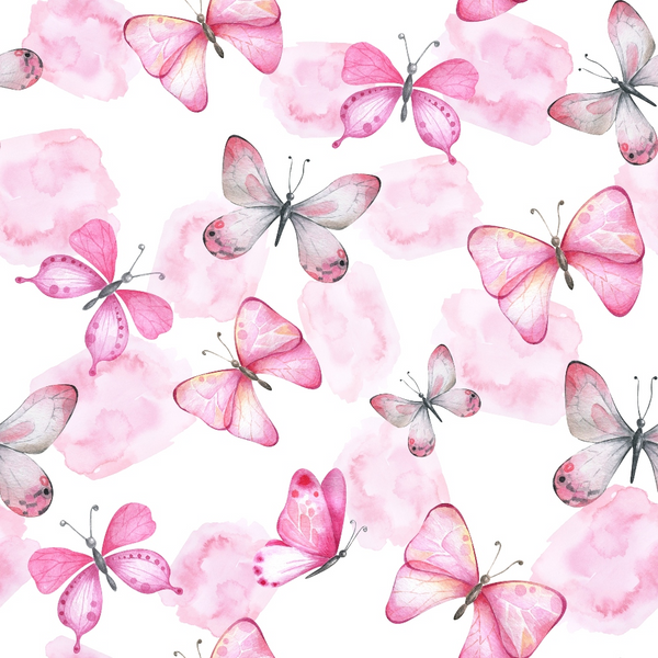 Illustration of pink and grey butterflies scattered on a white background with pink watercolor splotches.