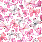 Pattern of various pink and white butterflies on a white background.
