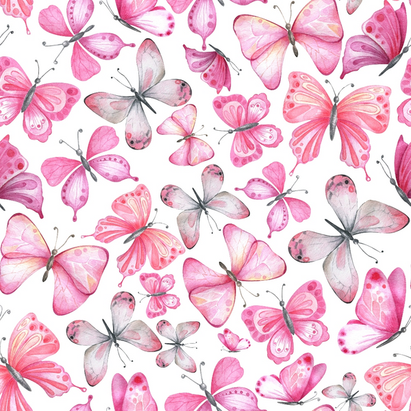 Pattern of various pink and white butterflies on a white background.