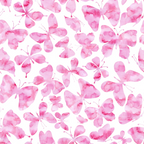 Pattern of pink watercolor butterflies on a white background.