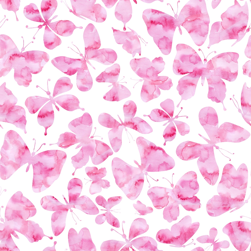 Pattern of pink watercolor butterflies on a white background.