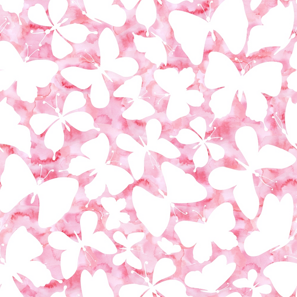 White butterfly silhouettes on a pink watercolor background, arranged densely without overlapping each other.