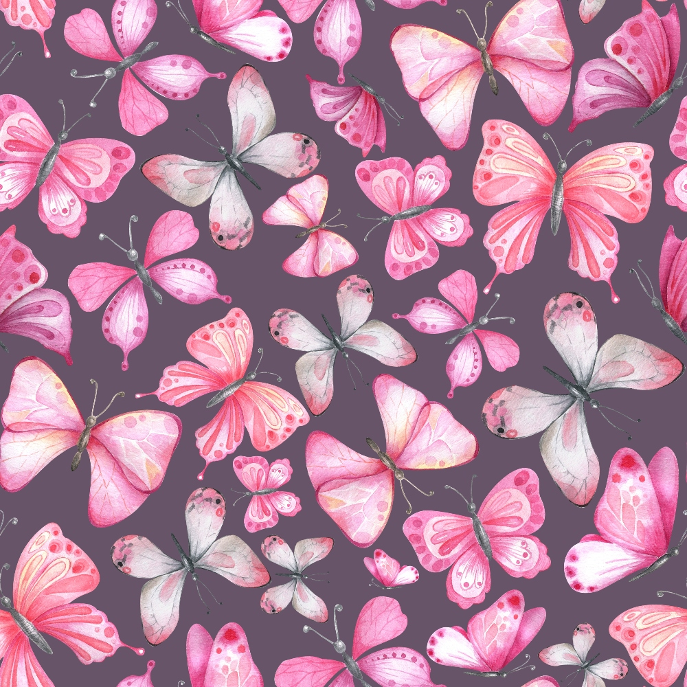 Pattern of pink and orange butterflies on a purple background.