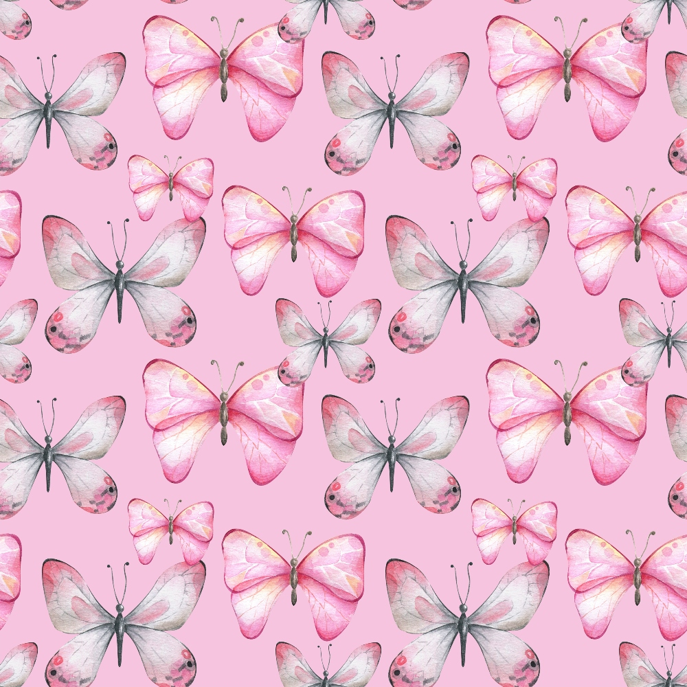 Pattern of pink and gray butterflies on a light pink background.