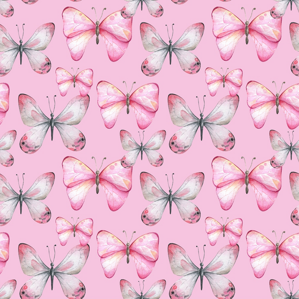 Pattern of pink and gray butterflies on a light pink background.