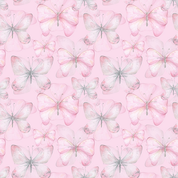 Pattern of pink and white butterflies on a light pink background.
