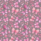 Pink and purple butterfly and floral pattern on a gray background.