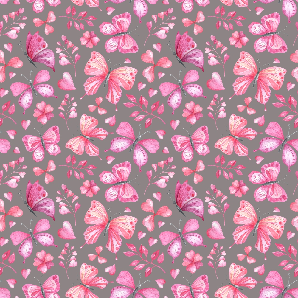 Pink and purple butterfly and floral pattern on a gray background.