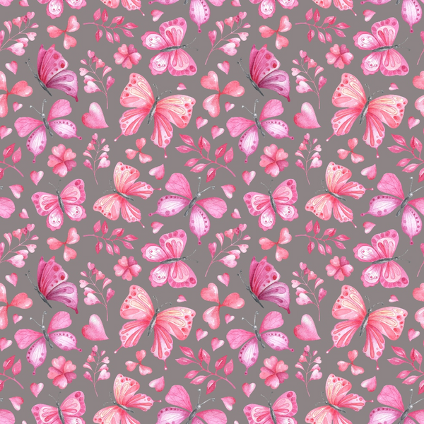 Pink and purple butterfly and floral pattern on a gray background.