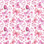 Pink and purple butterflies, flowers, and hearts pattern on a white background.