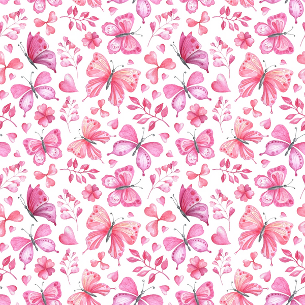 Pink and purple butterflies, flowers, and hearts pattern on a white background.