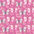 Pattern featuring pink and white butterflies interspersed with pink roses on a pink background.