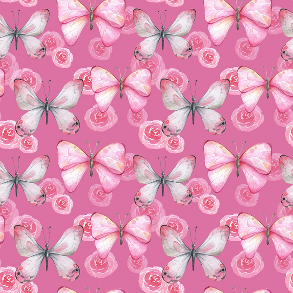 Pattern featuring pink and white butterflies interspersed with pink roses on a pink background.